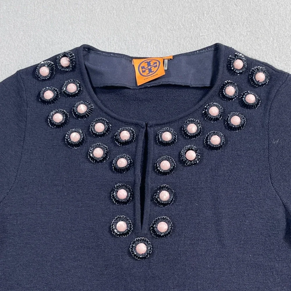 Tory Burch Top Women XS Navy Merino Wool Embellished‎ Short Sleeve Casual Luxury